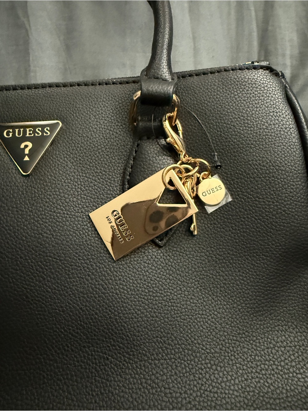 Guess Black Satchel with Gold Hardware and Charm Tags